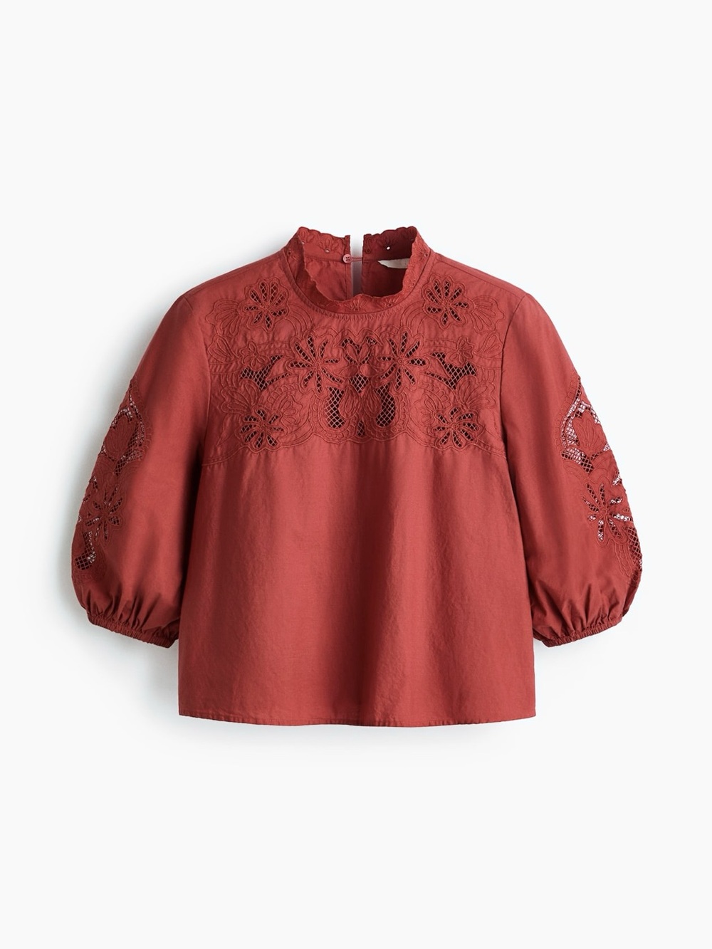 H&M Eyelet Embroidered Balloon Sleeve Blouse Red Size M NWT